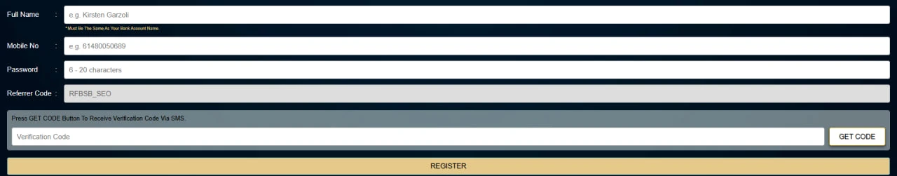BSB007 casino registration screen showing sign-up form